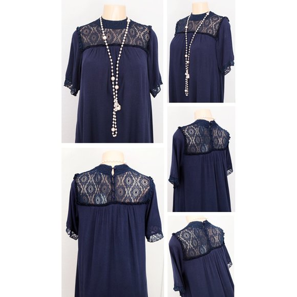 Navy Blue Boho Crochet Lace Mock Neck Shift Dress - Picture 4 of 10